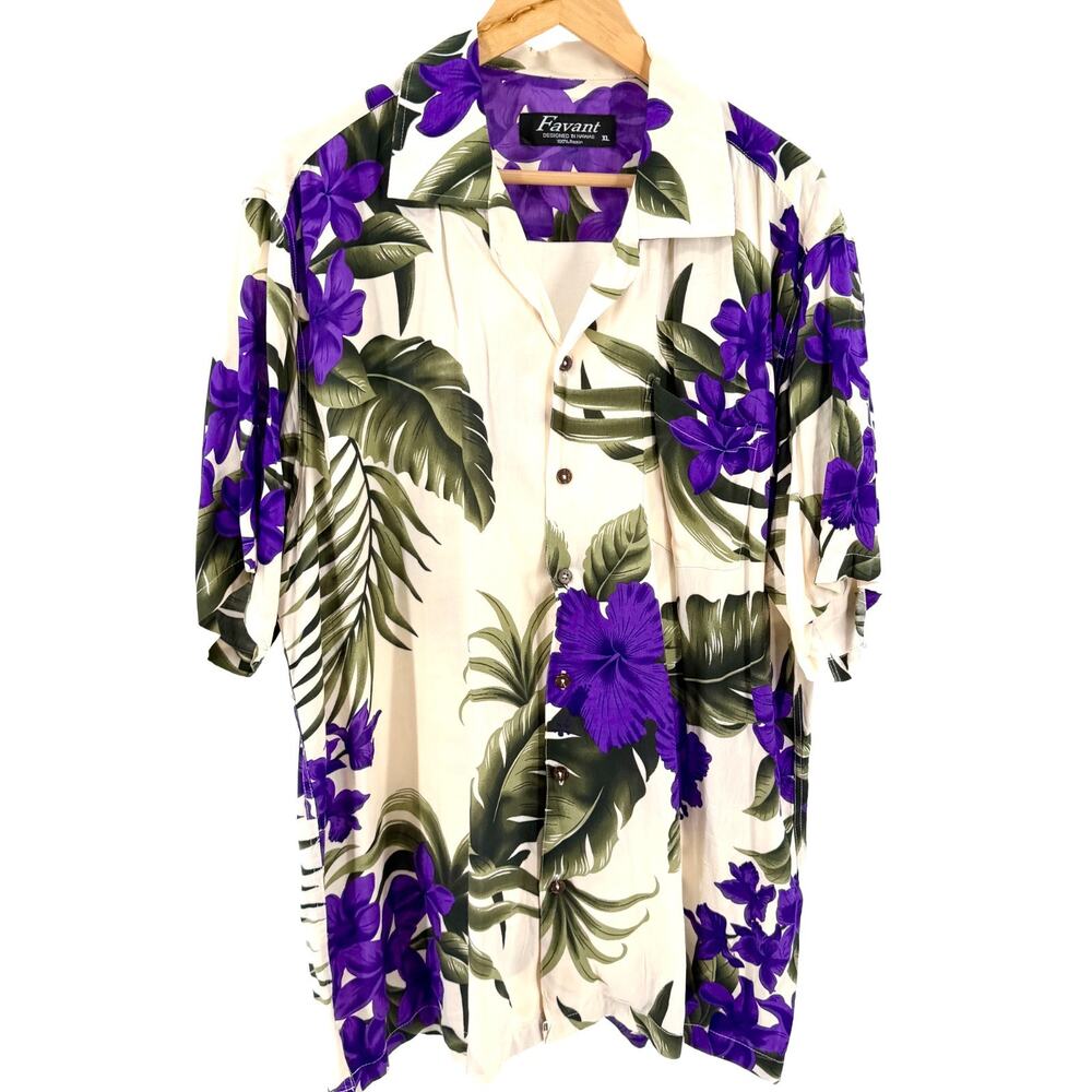 Vintage 90s Favant Purple Cream Tropical Floral Hawaiian Camp Shirt
